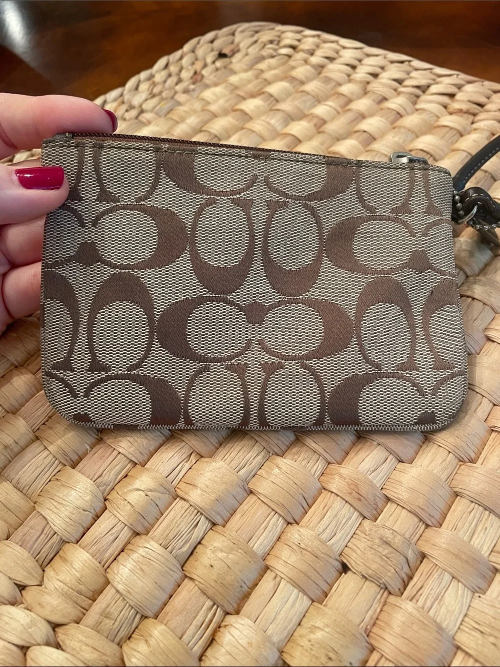 Coach Brown Signature Jacquard Wristlet with Leather Strap and Hang Tag EUC